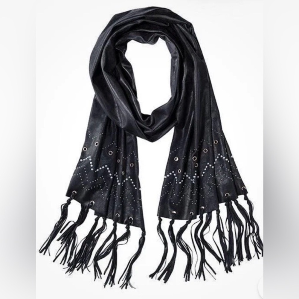 Mark Ladies Brushed Suede‎ Studded Fringed Scarf with Grommets 18" x 65" Black